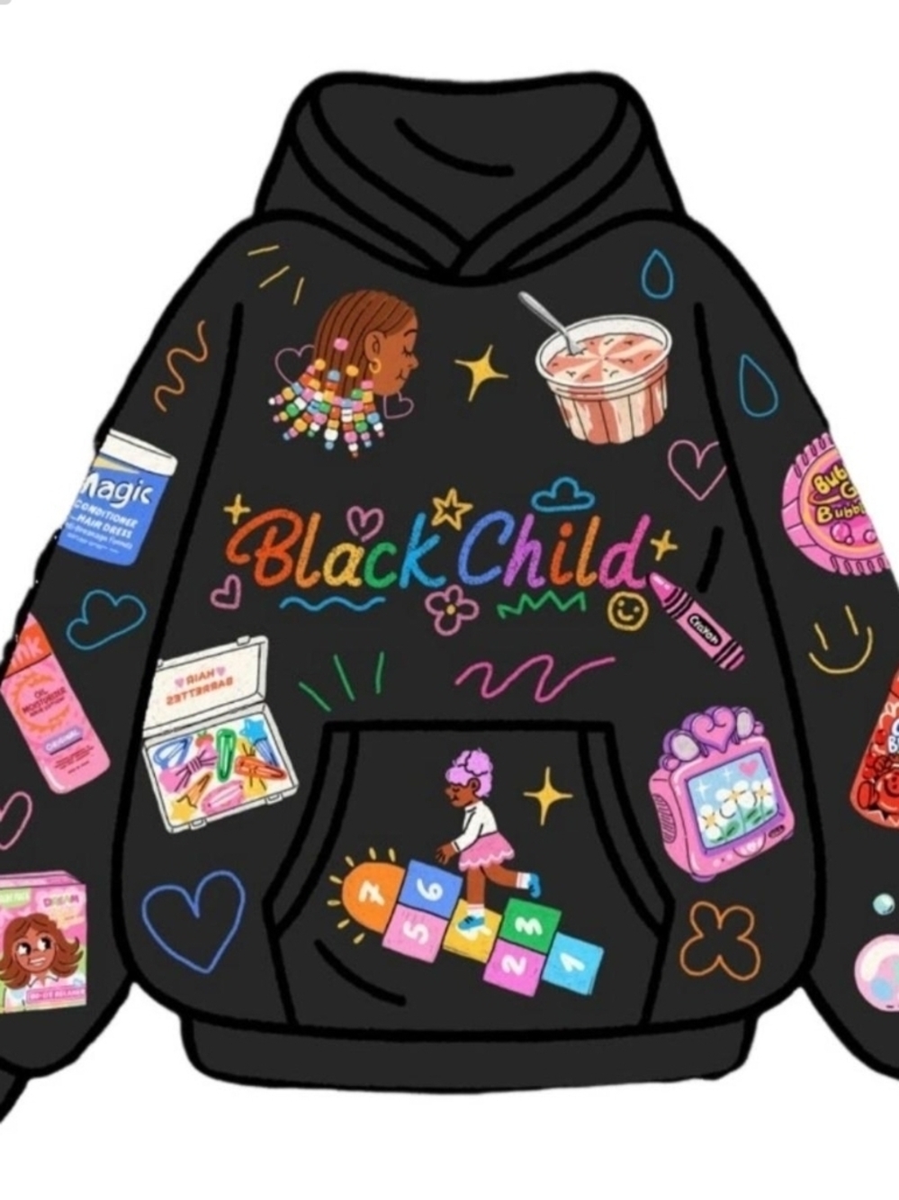Black Child Graphic Hoodie - Black with Multicolor Print